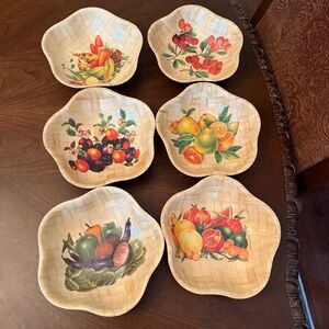 Set of 6 Vintage Bamboo Woven Fruit & Vegetable Design Salad / Snack Bowls